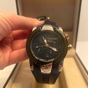 Mulco Classic Illusion Navy and Gold Chronograph Watch with box